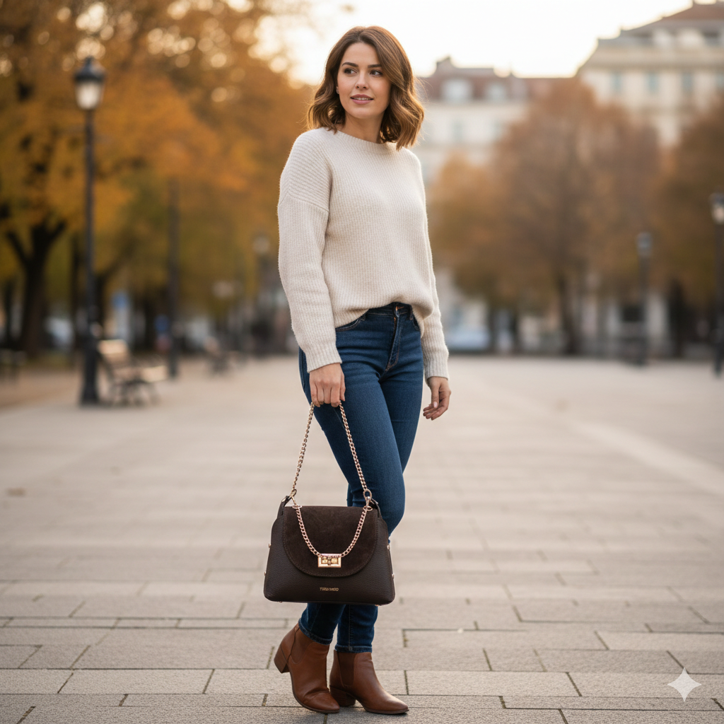 Geantă damă din piele intoarsa naturala,maro inchis Raisa