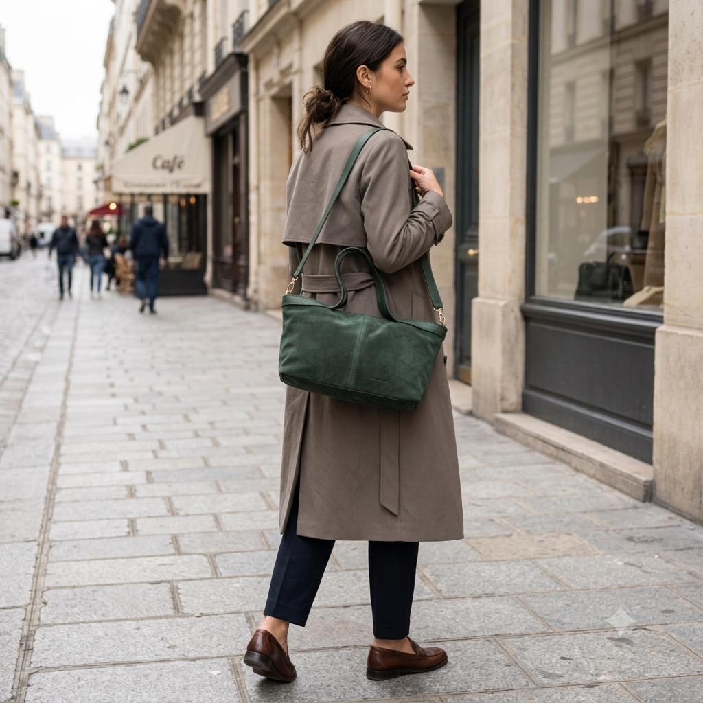 Geanta dama din piele intoarsa naturala verde Bianca
