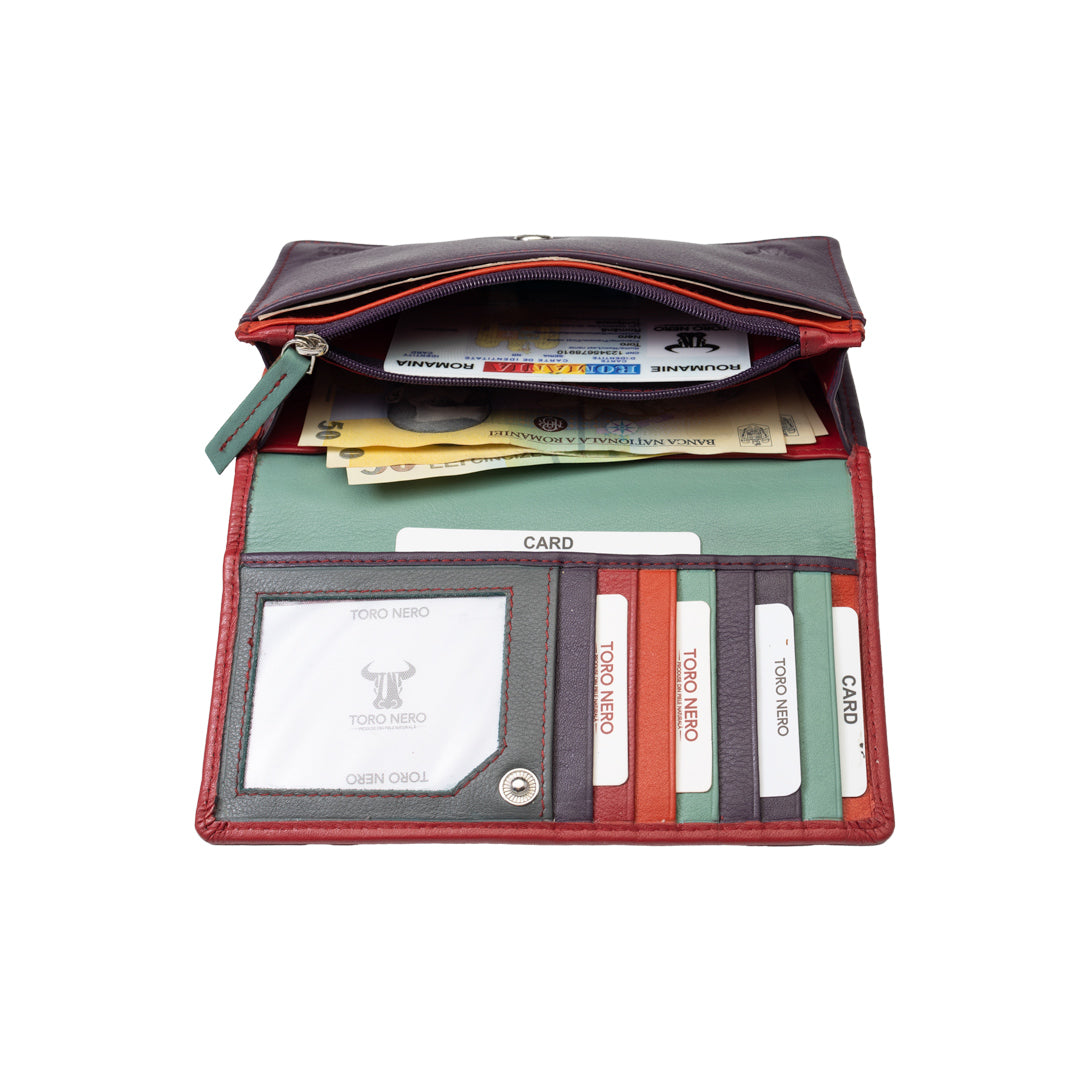 Portofel femei din piele naturala rosu-mov Cloudy,protectie Rfid